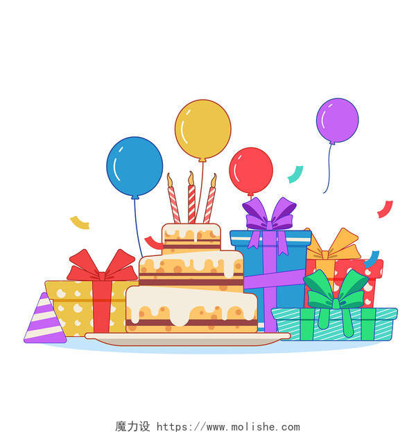 生日礼物 卡通 礼盒和蛋糕气球 彩色 PNG素材